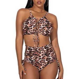 Women's Lace Up Leopard Print Halter High Waisted Sexy Bikini NWT Size XXL